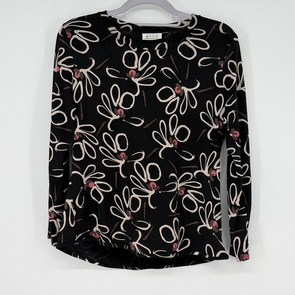 MASAI Copenhagen Abstract Floral Long Sleeve Top Black Pink Size M